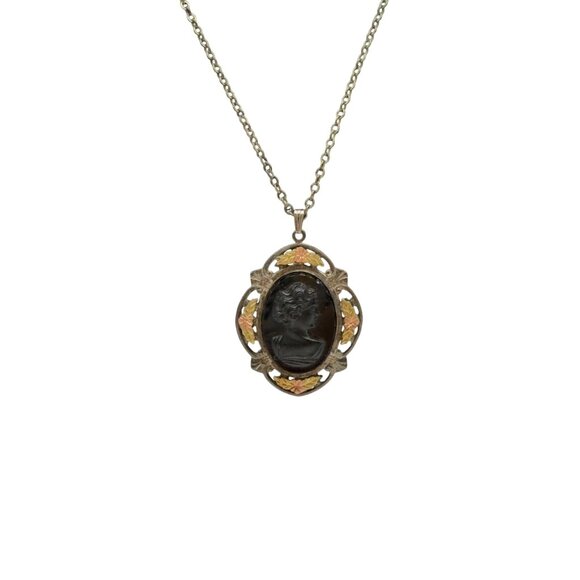 Sterling Silver Jewelry - Vtg LS Peterson Mourning Pendant Sterling 14k Yellow Rose Gold Black Necklace